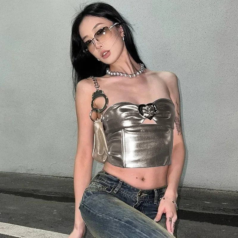 

Cami Top Women Cut Out Crop Top Streetwear Outfit Y2k Clothes Metalling Clothing Style Grunge Summer Solid Off Shoulder Tube Top