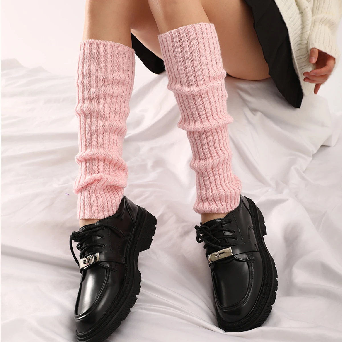 1 Pair of Lady Pile Wool Leg Socks Autumn and Winter Pure White Knitting Color Red Thick Acrylic Insulation Cold