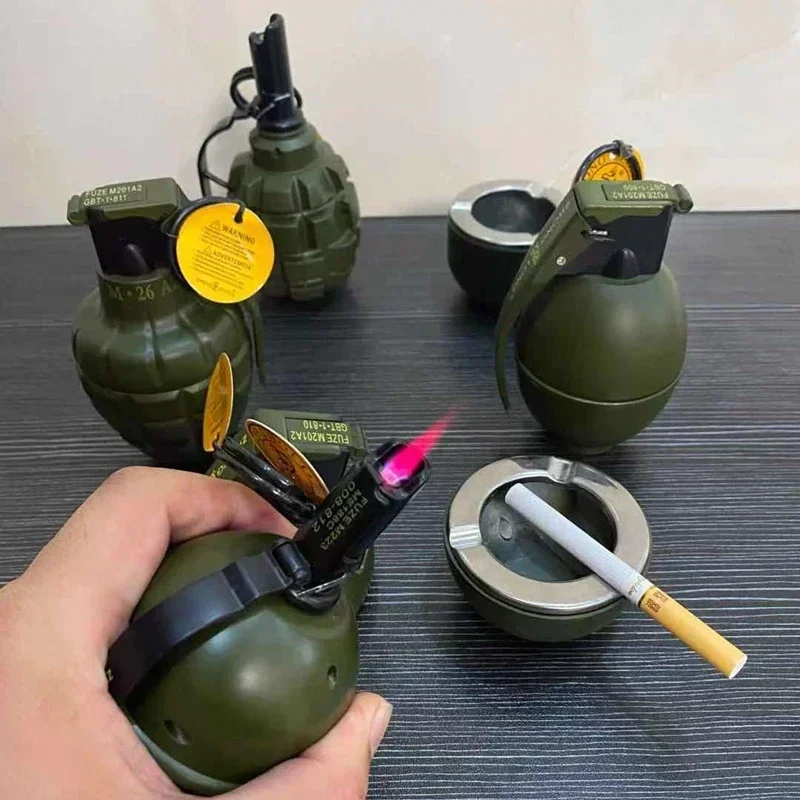 New Multifunctional Military Model Windproof Lighter Metal Body Pink Flame Ashtray Butane Gas Lighter Collection Gift