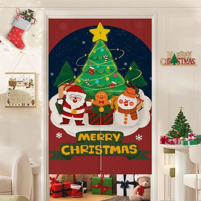 VIKAMA Christmas Santa Snowman Reindeer Wreath Door Curtain Scarlet Plaid Bow Fairy Light Kitchen Dining Entryway Party Soft
