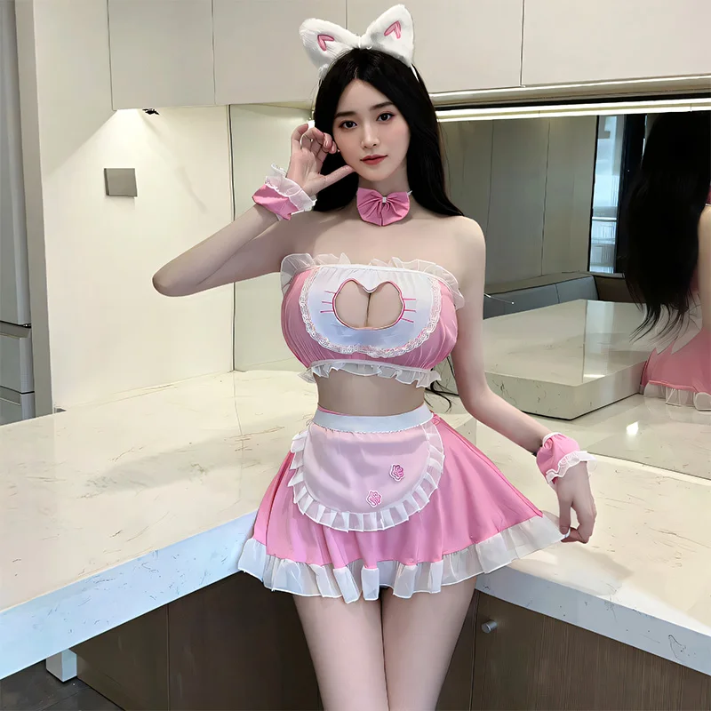 Disfraz de sirvienta de gato Lolita para mujer, uniforme de Anime para fiesta en club nocturno, trajes de juego de rol, ropa sexual porno, lindo, rosa, Sexy