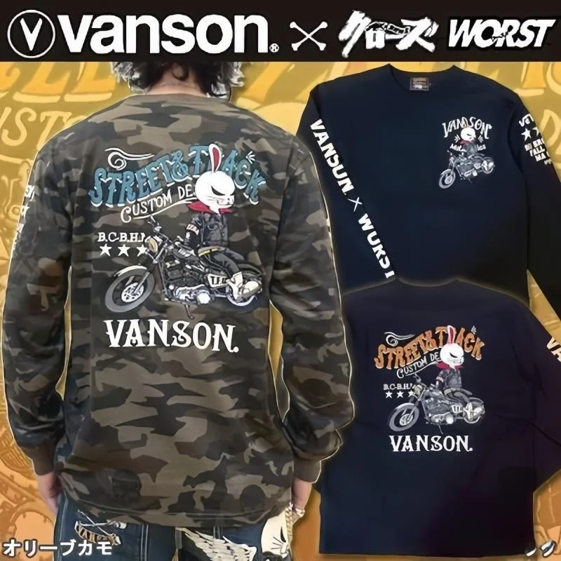 

VASON Armed Front TFOA Collaboration Long Sve T-irt Embroidered Devil Earphone Rabbit Camouflage Street Sle Cotton Tee