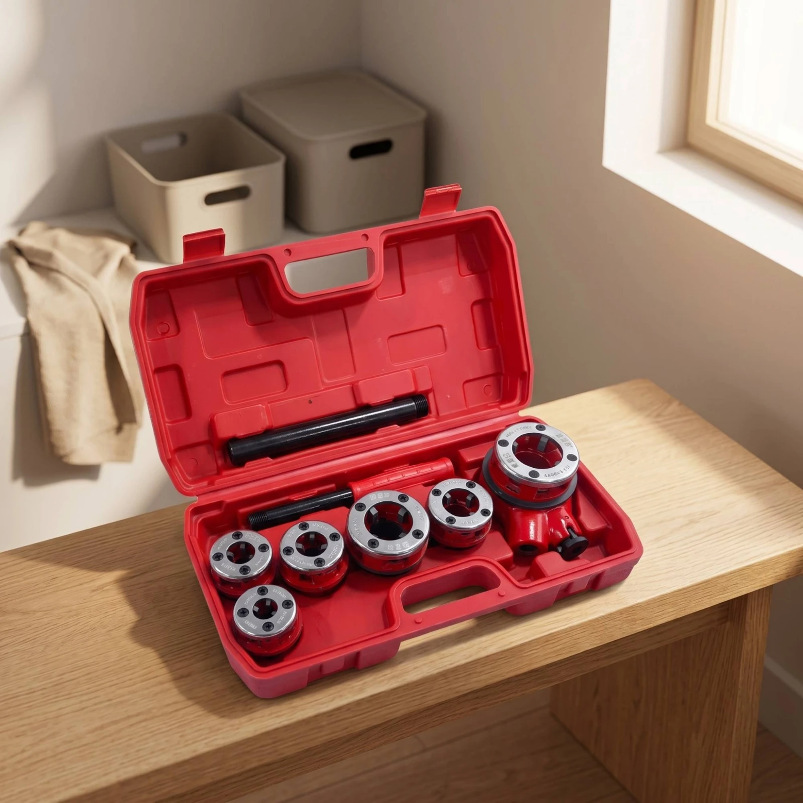 Ratchet Pipe Threader Kit Hand-Operated Pipe Threading Machine with Case Tool Replaceable Compact for Plumbers, Plumbing