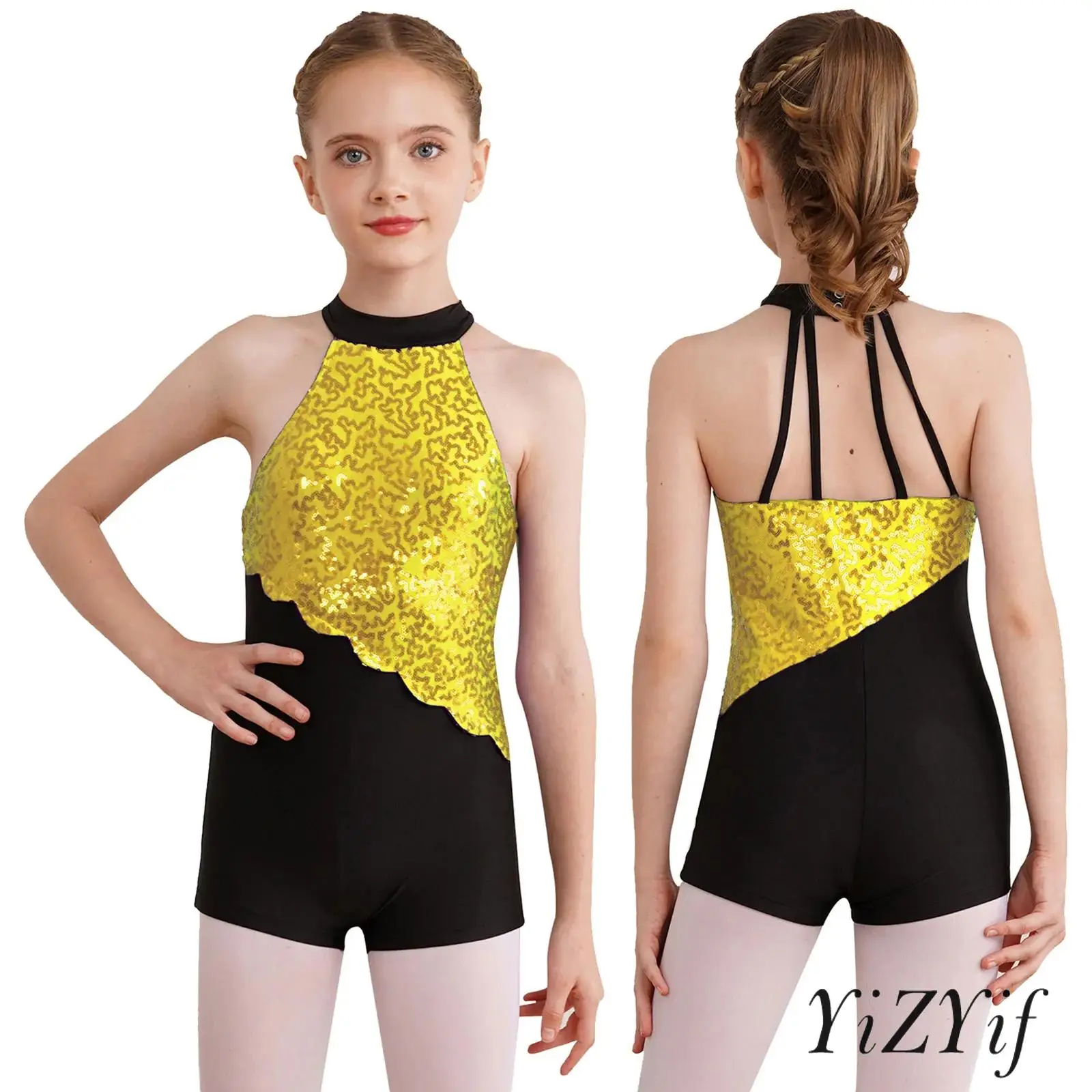 

Girls Sleeveless Sequins Bodysuit Ballet Jersey Unitards Jazz Latin Dance Biketard Rhythmic Gymnastics Artistic Skating Costume