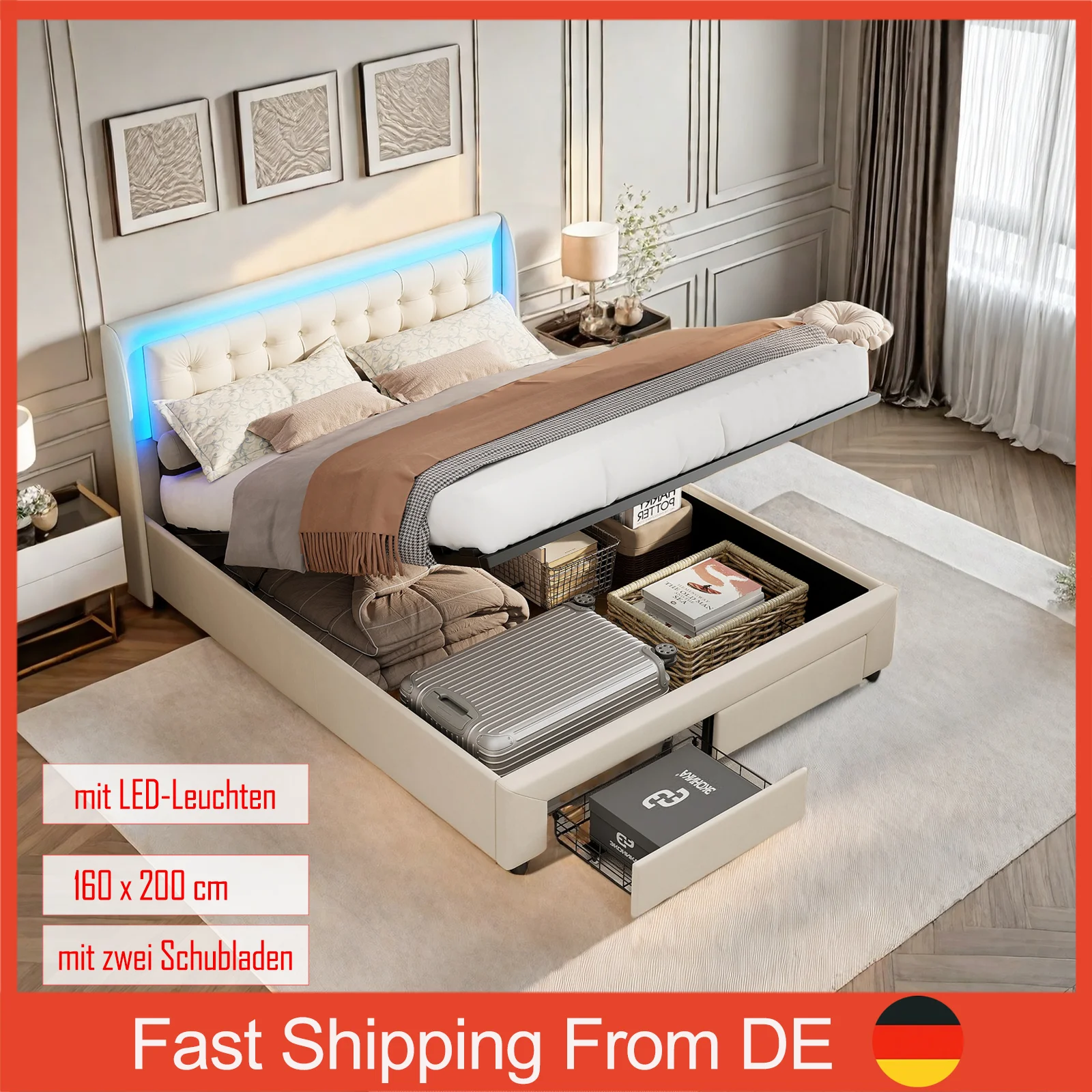 Double Bed 160x200 with LED Headboard and 2 Drawers,Upholstered Bed with Storage space,Bed Frame with Slatted Frame,No Mattress