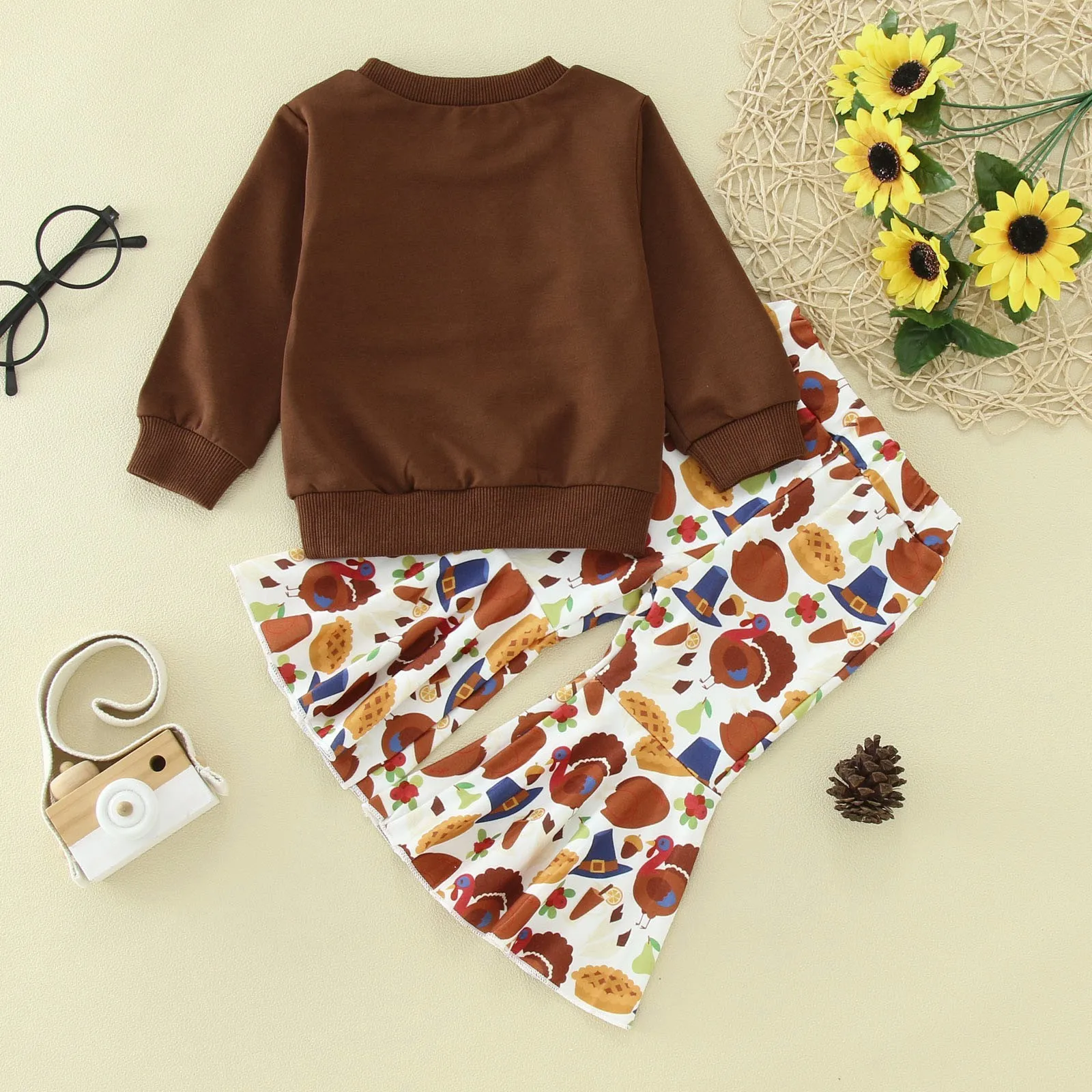 Kids Baby Girls Thanksgiving Day Outfits Turkey Ruffles Sweatshirt Tops Flare Pants Bell Bottom Clothes Baby Stuff for Girls