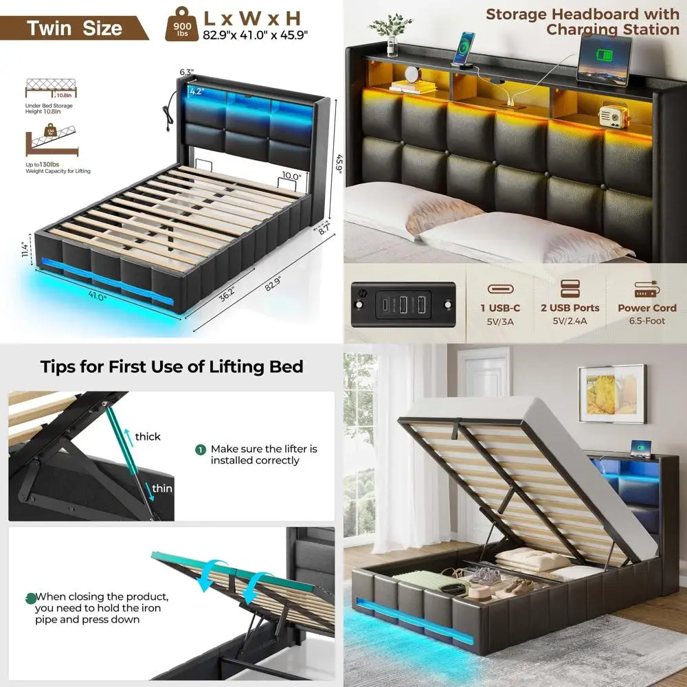 

Черная двуспальная кровать с подсветкой, отсеком для хранения, зарядной станцией, светодиодной подсветкой, мягким изголовьем, деревянными ламелями, без пружинного блока, бесшумная, E