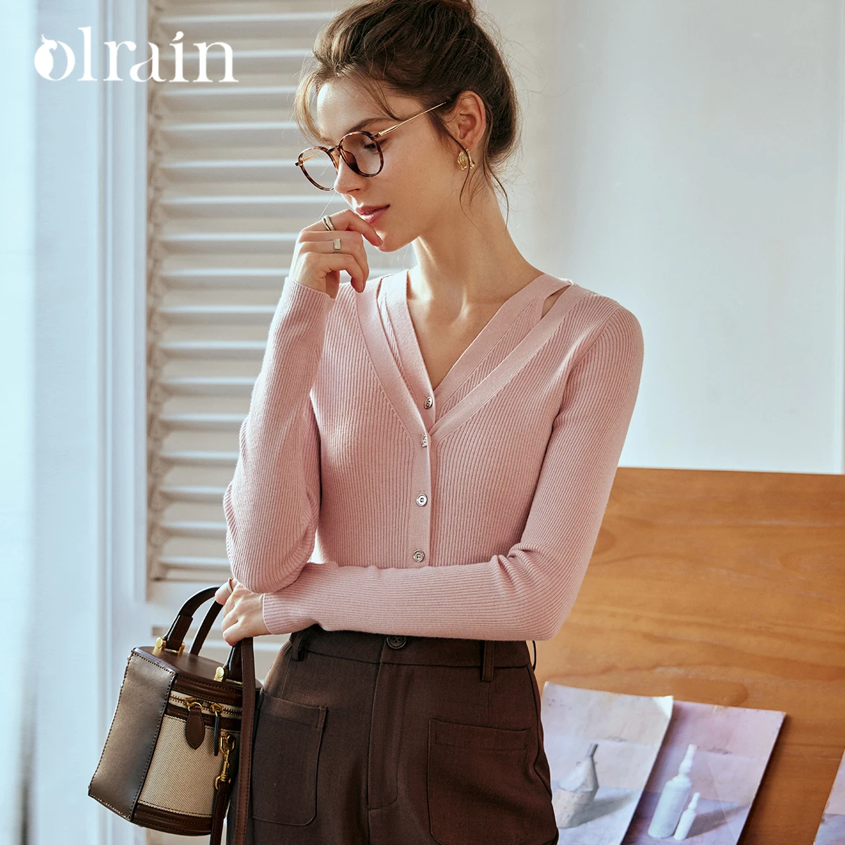 

OLrain Women's Mock Two Piece Knitted Sweater Long Sleeve Band Collar Slim Fit Autumn 2025 New Knitted Top O24CZ83668
