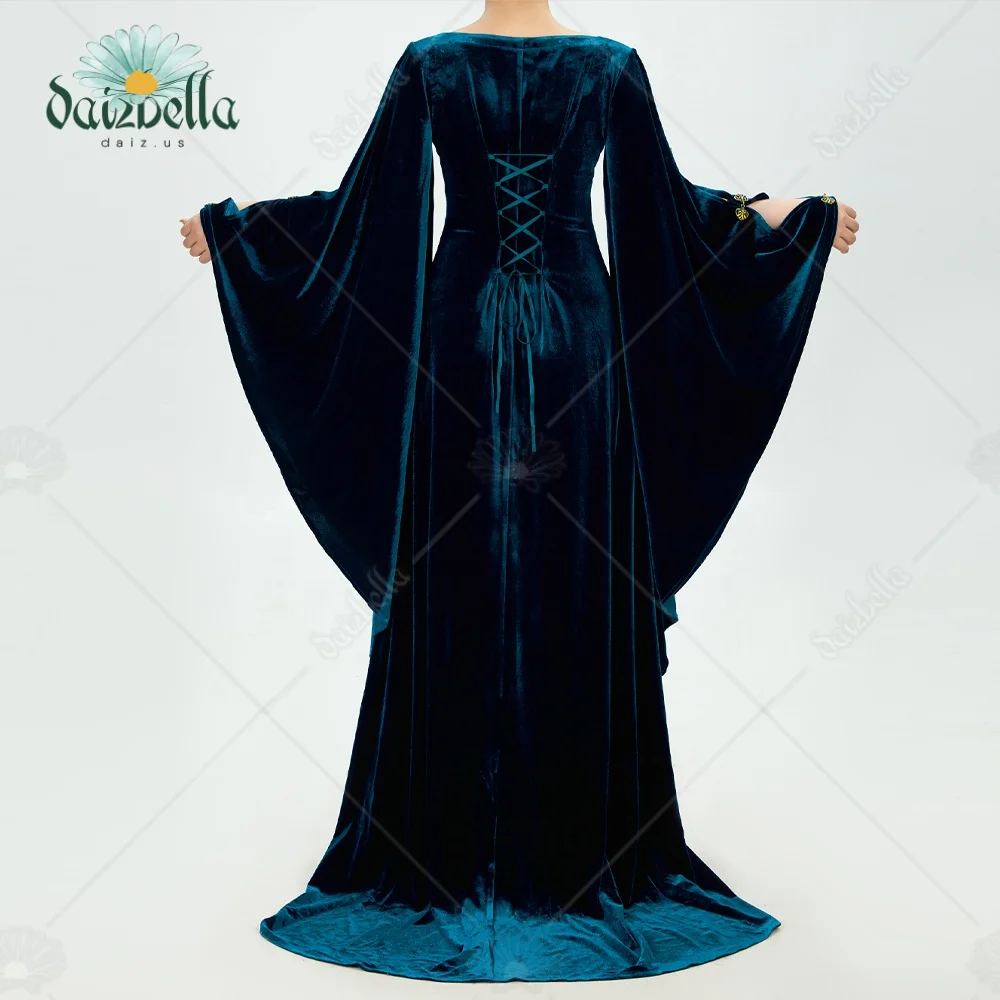 US Stock DAIZBELLA Women's Renaissance Dress Retro Velvet Gown Vintage Medieval Costume Historical Dress with Wide Sleeves view 3