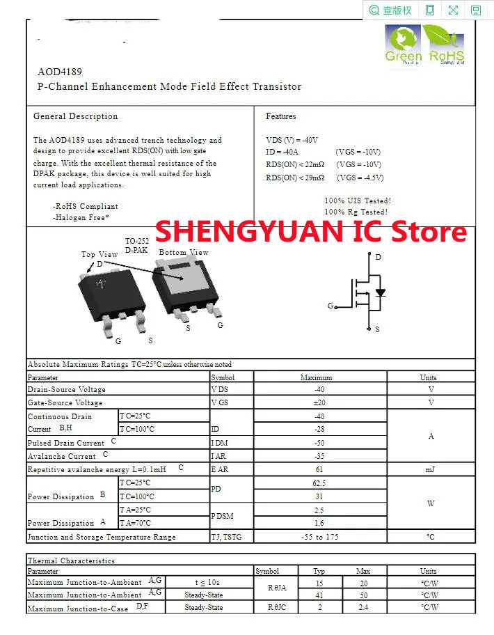 10pcs AOD4189 D4189 TO-252  -40V -40A P-Channel Enhancement Mode Field Effect Transistor 100% new imported original 100% quality