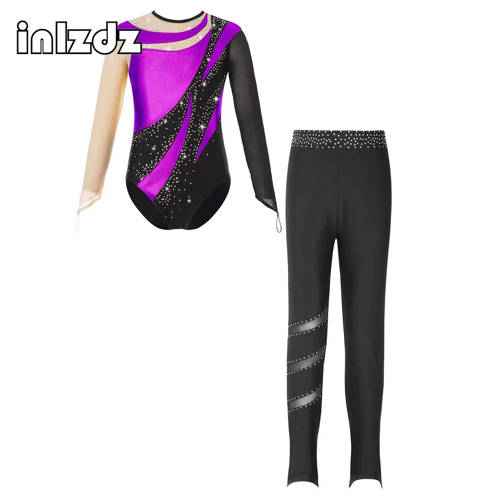 

Kids Girls Gymnastics Jumpsuit Long Sleeve Rhinestones Ballet Gymnastic Leotards with Leggings Skating Competition Bodysuit