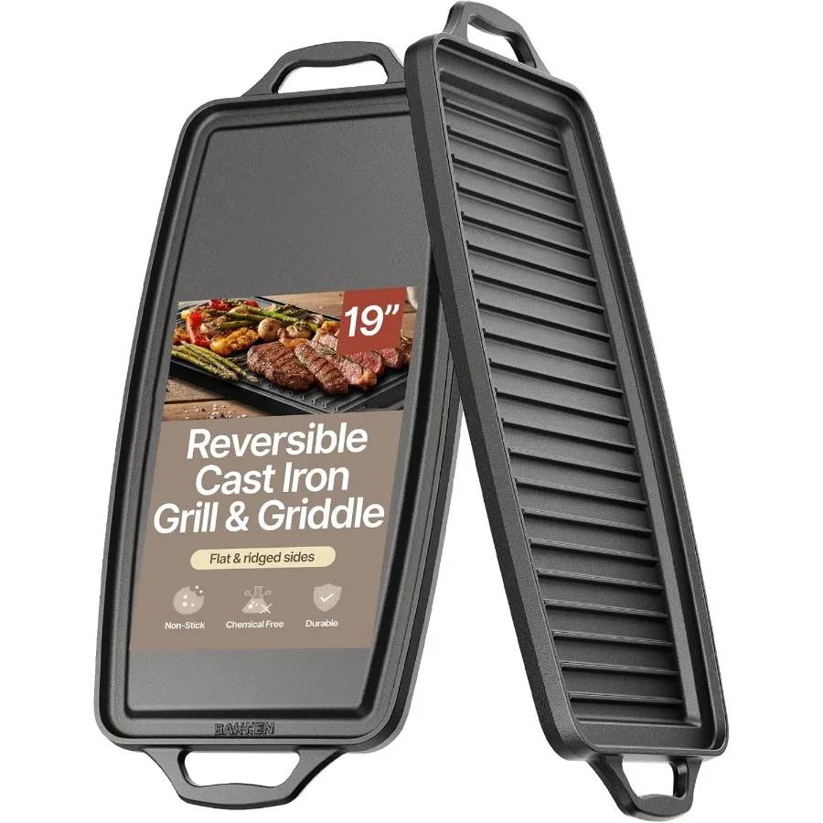 

Bakken 19 Reversible Cast Iron Griddle Dual Burner Flat and Grill Sides Pre-Seasoned Oven and Campfire Safe