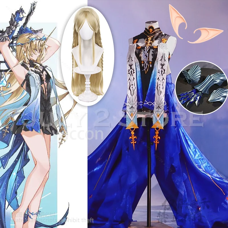 

Wuthering Waves Game Cosplay Fleurdelys Big Cartethyia High Quality Blue Silk Elegant Trailing Long Dress Wigs Anime Cosplay
