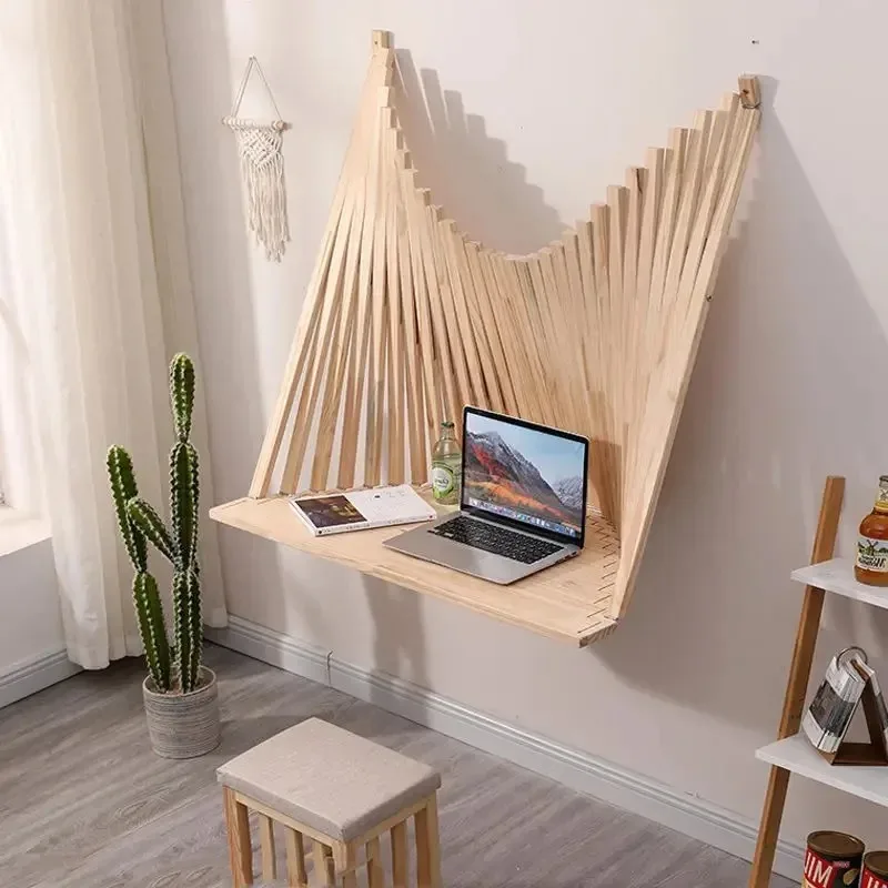 Minimalist Solid Wood Wall Mounted Computer Desk Foldable Space Saving Office Table Creative Design Hanging Desk for Home