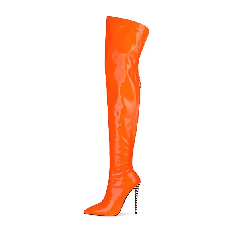 Autunno e inverno giallo moda sopra il ginocchio stivale in pelle verniciata alta Heels12CM tacchi sottili arancione cerniera posteriore stivali da