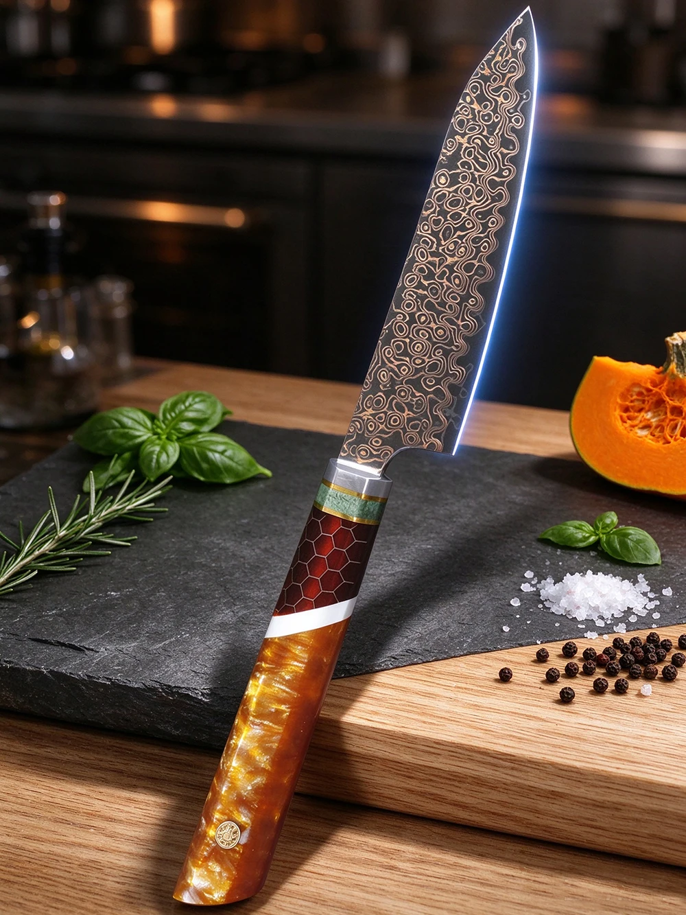 5 Inch Utility Knife Tricolor Copper Damascus Steel Kitchen Knife Sharp Multi-purpose Fruit Vegetable Meat Cutting Chef Cooking