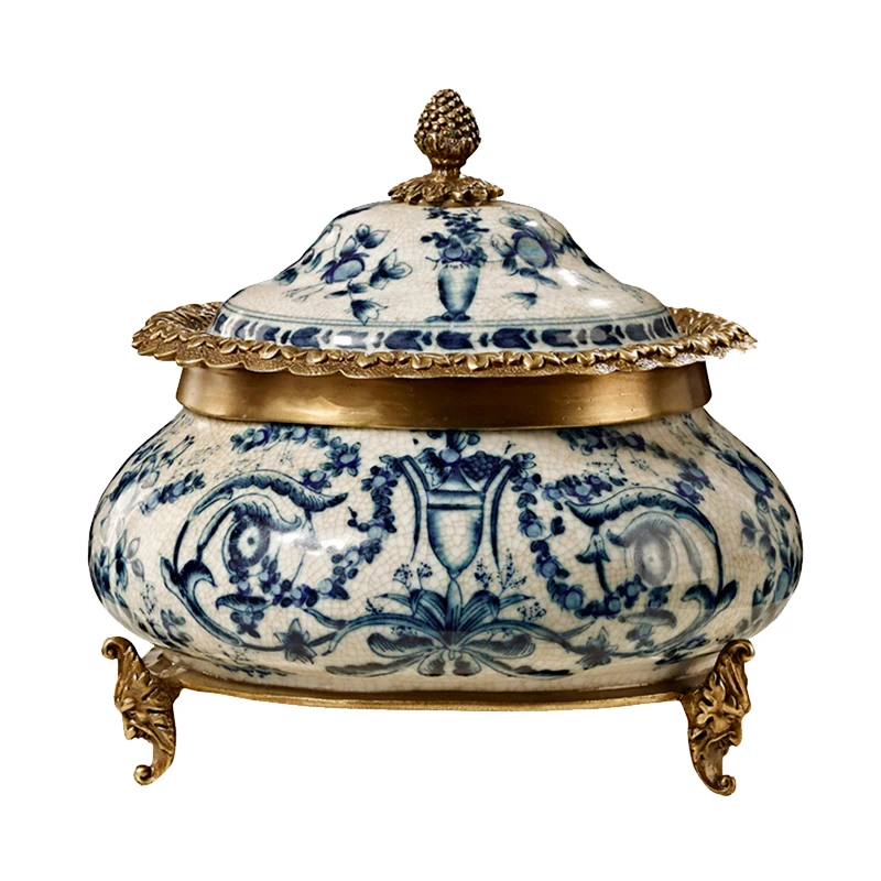 Neoclassical home bedroom living room crafts ceramic inlaid copper soft blue and white porcelain cover box decoration