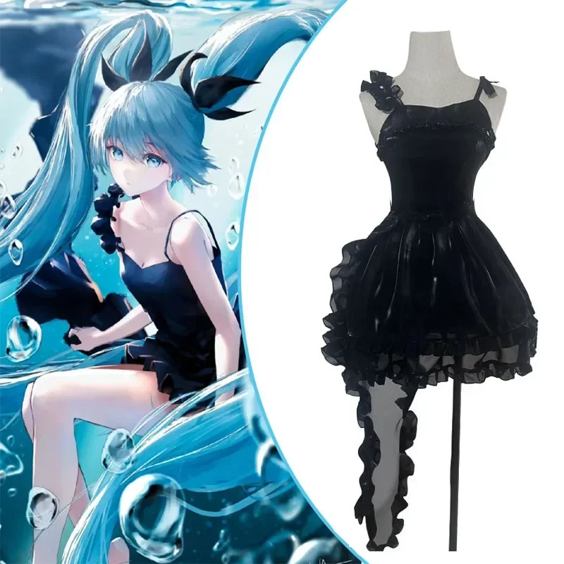 

Miku Cosplay Costume Wig Deep Sea Girl Fashion Black Dress Set Headwear Lolita Women's Dress Halloween Party Fantasy Clothes