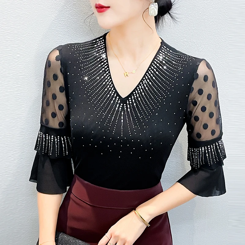 Spring Women's Fashion Mesh Hollow out Diamond Sexy Versatile Slimming Seven Sleeve T-Shirt Unique Style round Neck Top