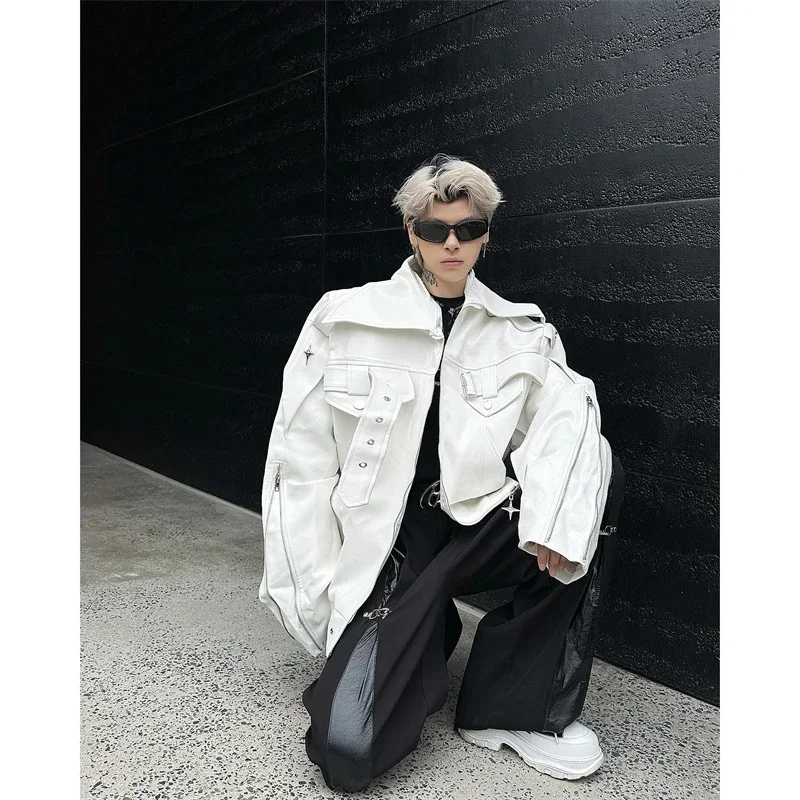 White Deconstructive Motorcycle Leather Coat men Spring Autumn Style American High Street Ruffian Handsome Heavy Industry Jacket