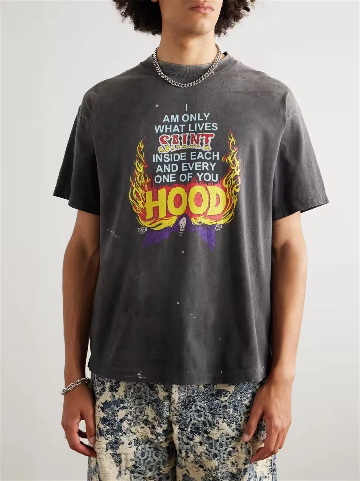 Saint Mxxxxxx Distressed Paint Splattered Tee Trendy Cotton Crew Neck Short Sleeve T-Shirt for Teens Unisex Casual Wear