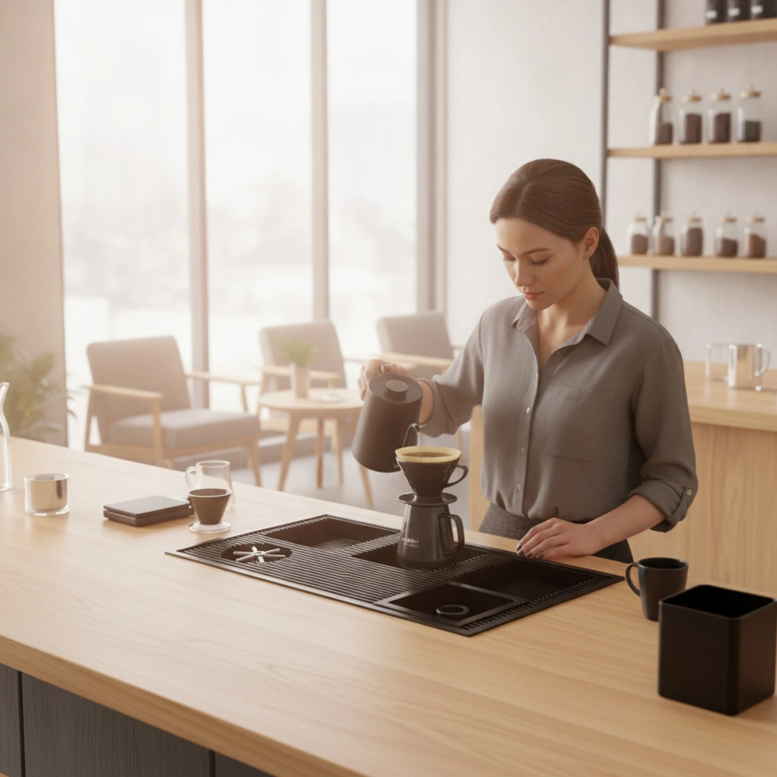 Coffee Brewing Drain Board Easy Clean Drain Board with Cup Rinser Recessed Liquid Channel Tray Long-Lasting Draining Tray Sturdy