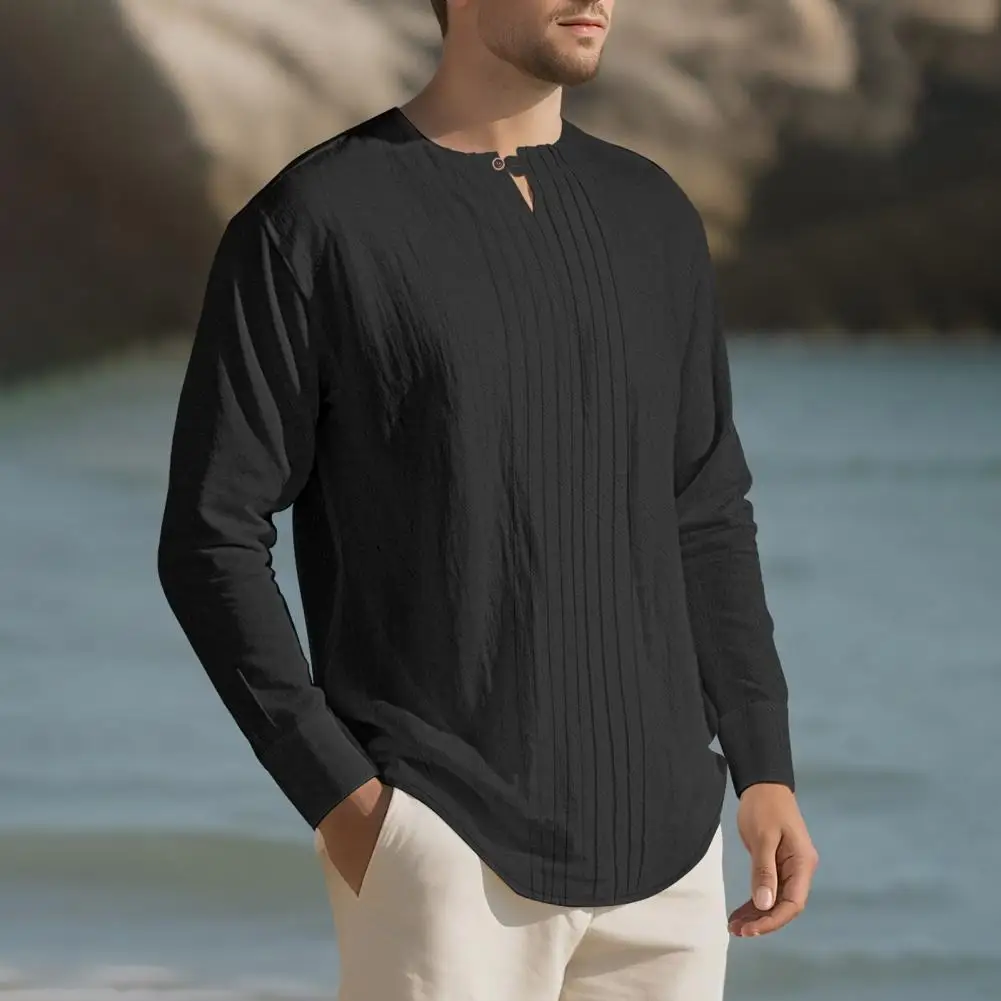 Men Shirt Round Neck Long Sleeve Loose Fit Shirt Pure Color Pleated Lightweight Casual Versatile Shirt Daily Wear