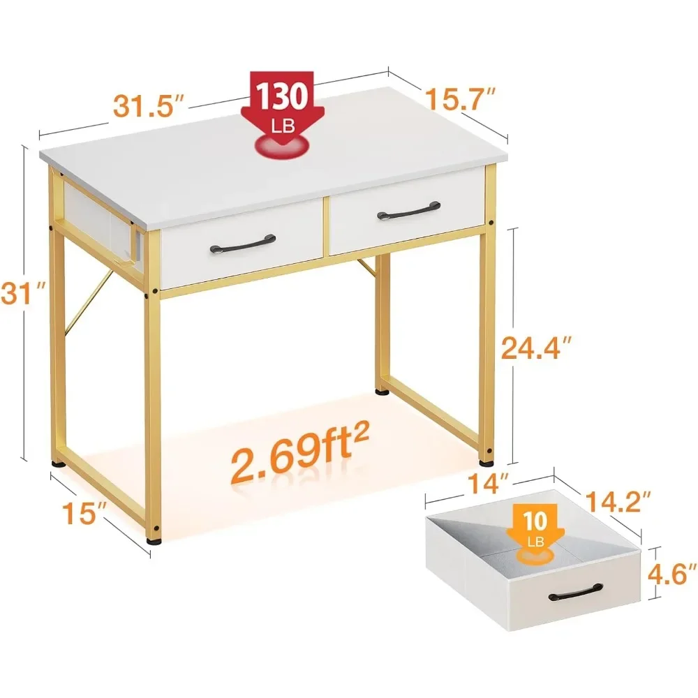 Mirrorless Vanity, Vanity with 2 Fabirc Drawers, White Vanity with Multifunctional Hooks, Bedroom 32 Inches Bedroom Furniture