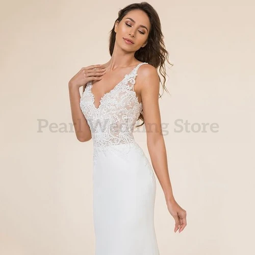 Imagen 2 del producto Vestido de novia blanco elegante con apliques, cuello en V, tirantes finos, espalda descubierta, largo hasta el suelo, vestidos de novia de verano personalizados