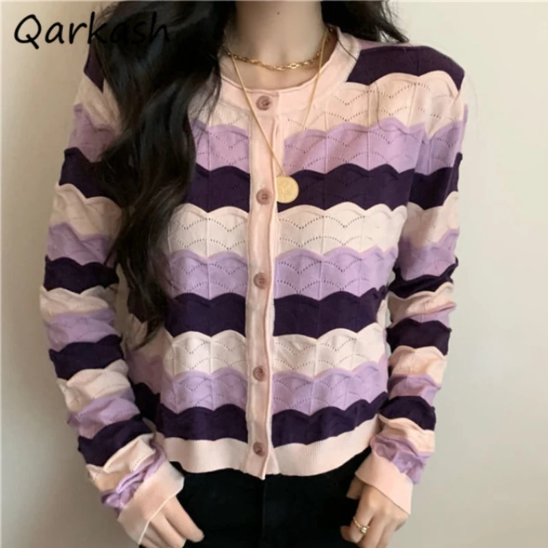 

Cropped Striped Cardigan Women Harajuku Long Sleeve Elegant Casual Sweaters Panelled Sweet Lovely Tender All-match Ulzzang Chic