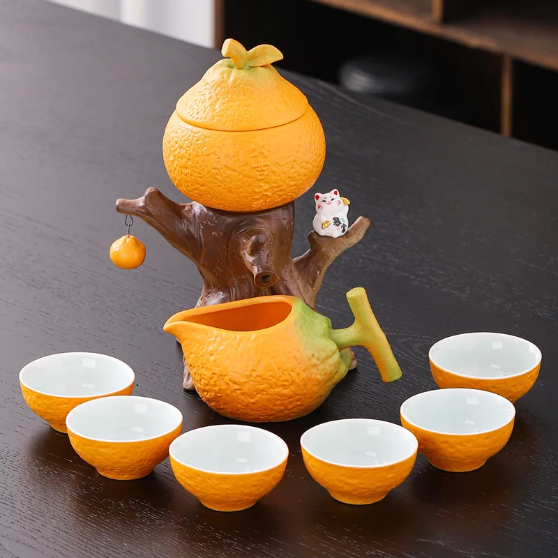 

Ceramic Lucky Lazy Semi Automatic Kung Fu Teapot for Home Tea Drinking Anti Scalding Stone Grinding Tea Set