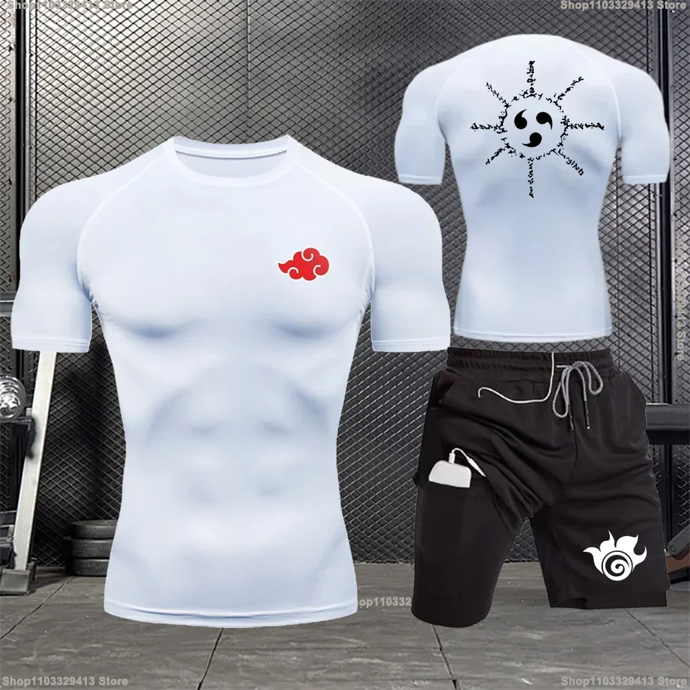 Sportswear de compressão respirável masculino, camiseta apertada, shorts de fitness, desgaste fitness, esportes ao ar livre, treinamento, verão,