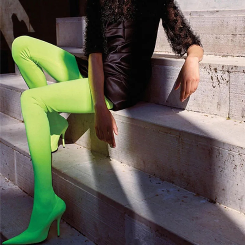 مثير المرأة الفلورسنت الأخضر الأزهار الساتان السراويل الطويلة أحذية الخريف خنجر عالية الكعب قطعة واحدة أشار تو فوق الركبة السراويل بوتاس