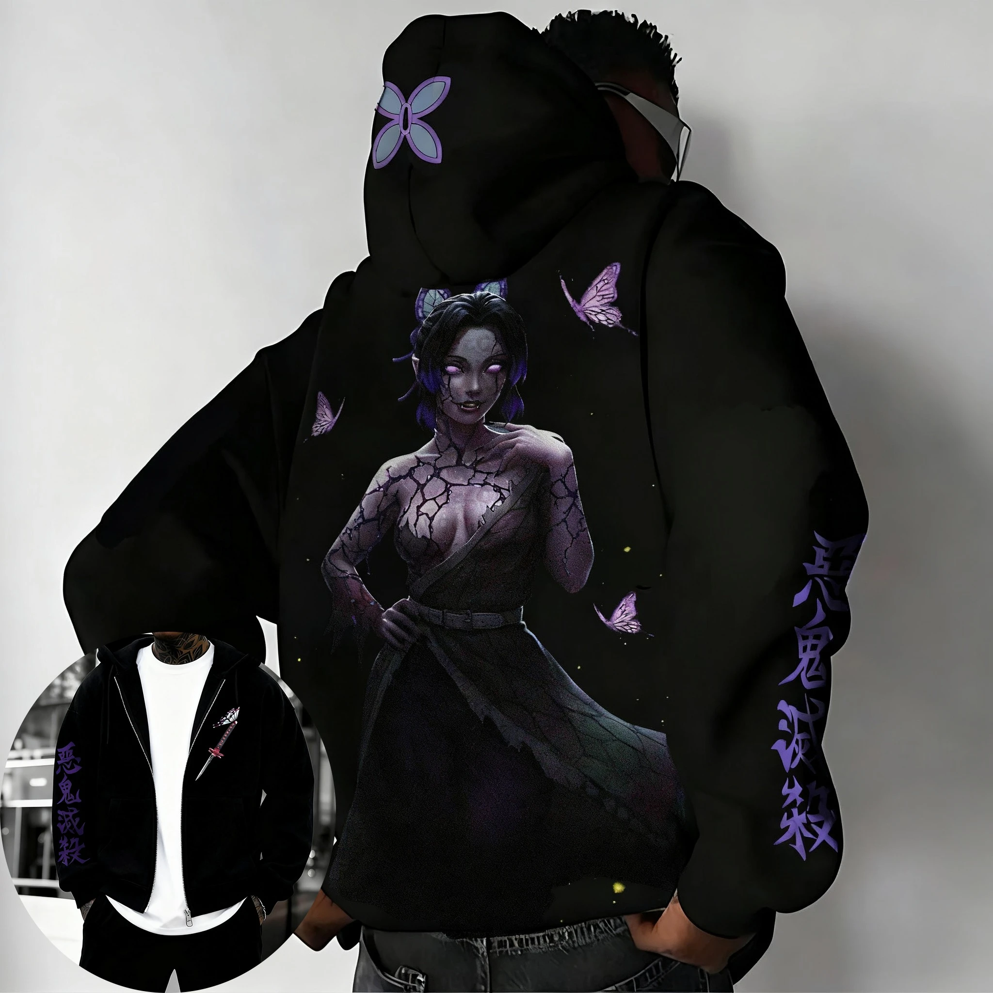 

Demon Slayer аниме Kochou Shinobu толстовка на молнии с принтом мужская осень/зима новый тренд в стиле хип-хоп универсальный повседневный свободный свитер топ