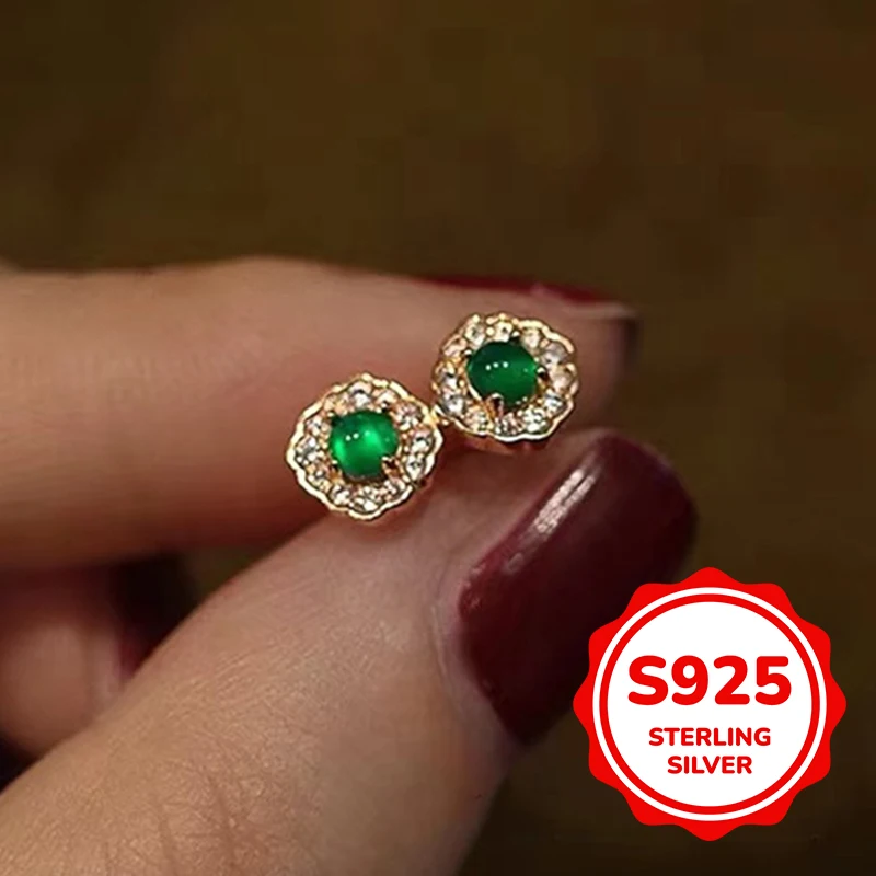 

s925 sterling silver mini geometric imitation emerald earrings for women light luxury classic elegant fashion daily retro simple