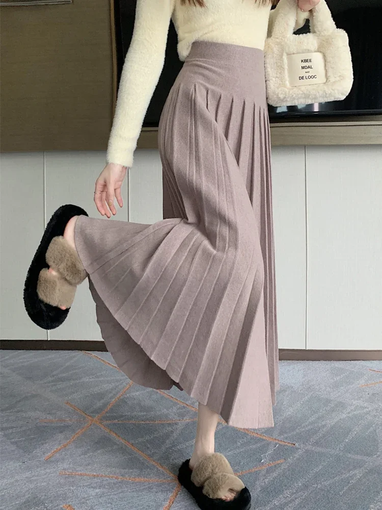 Knitted Long Skirt for Women 2024 Autumn Winter Korean Simple Solid A Line High Waist Pleated Warm Midi Skirt Female Z468