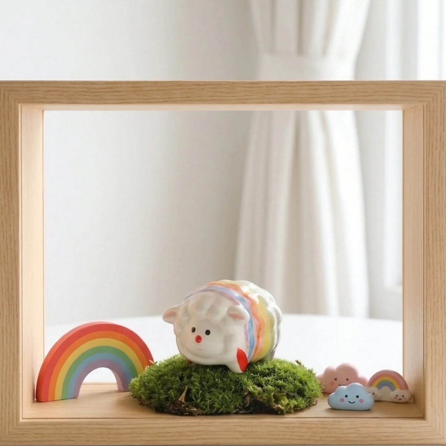 Pastel Rainbow Lamb Ceramic Statue, Cute Mini Animal Table Decor For Dining Counter Kawaii Small Gift For Sheep Lovers