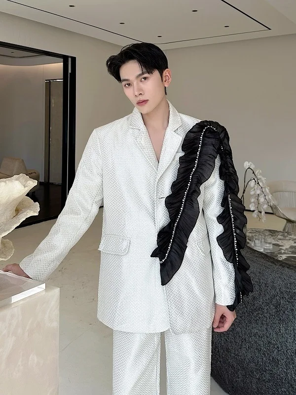 

TANGZ STUDIO High-End Lace Patchwork Decorative Design Men's Stage Performance Suit Jaet Loose Fit Youth Trend Summer