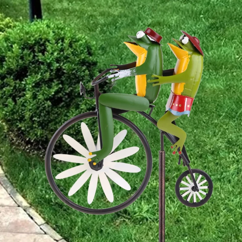 Wrought Iron for Frog Riding Wind Spinner with Standing Rod Animal Decor Drop shipping