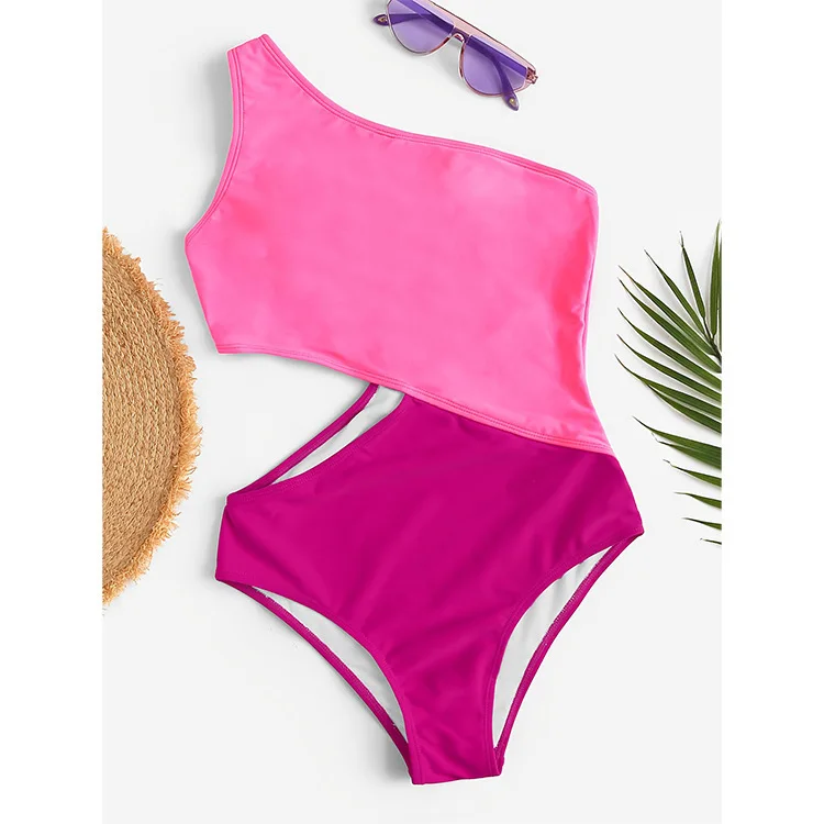 

2025 New Single Shoulder Bathing Suit Color Blocked Swimwear Bikini Sexy One Piece Swimsuit Swimming Suit for Women
