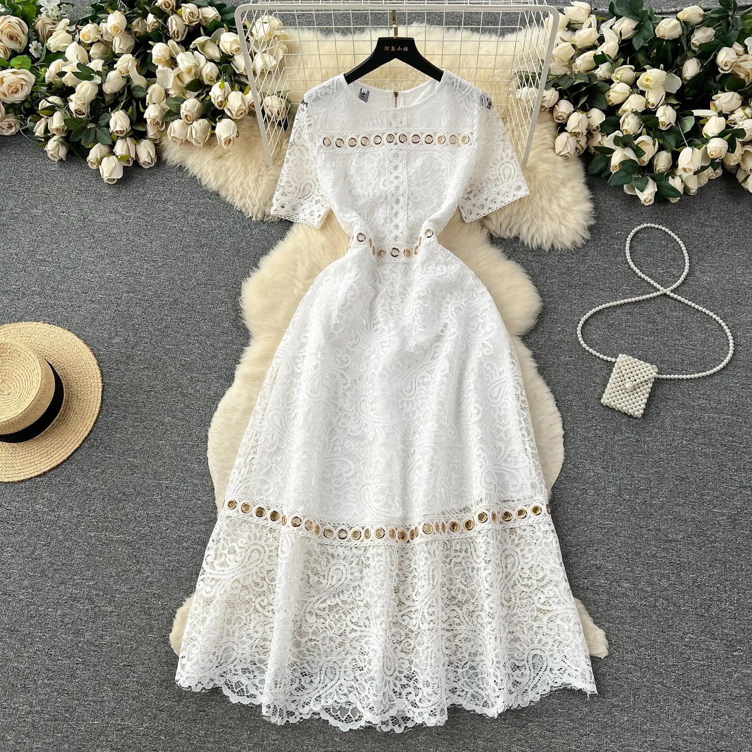 

Women Dress Long Dresses High Waist Lace Vestidos Streetwear Round Neck Short Sleeve Elegant Splice Y2k Party Night Work