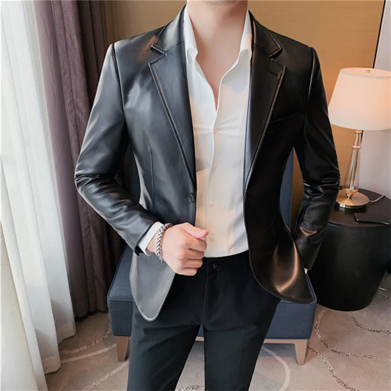 Autumn Winter Men\'s Leather Jackets Fashion Slim Solid Color Turn Down Collar Leather Blazer Coats Men Business Casual PU Jacket