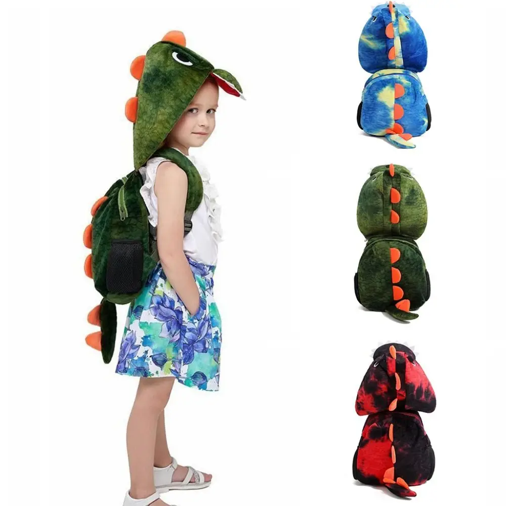 

Creative Cartoon Dinosaur Children's Backpack with Hat Plush Detachable Hat Hooded Shoulders Bag