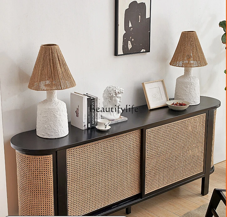 

Vintage Sideboard Cabinet Solid Wood French Hallway Mid-Ancient Black Wood Rattan Tea Chest of Drawers