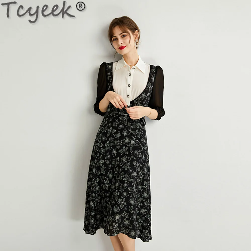 100% Tcyeek Mulberry Silk Dress Spring Summer Clothes Long for Women Elegant Women's Dresses Платье Contrasting Colors