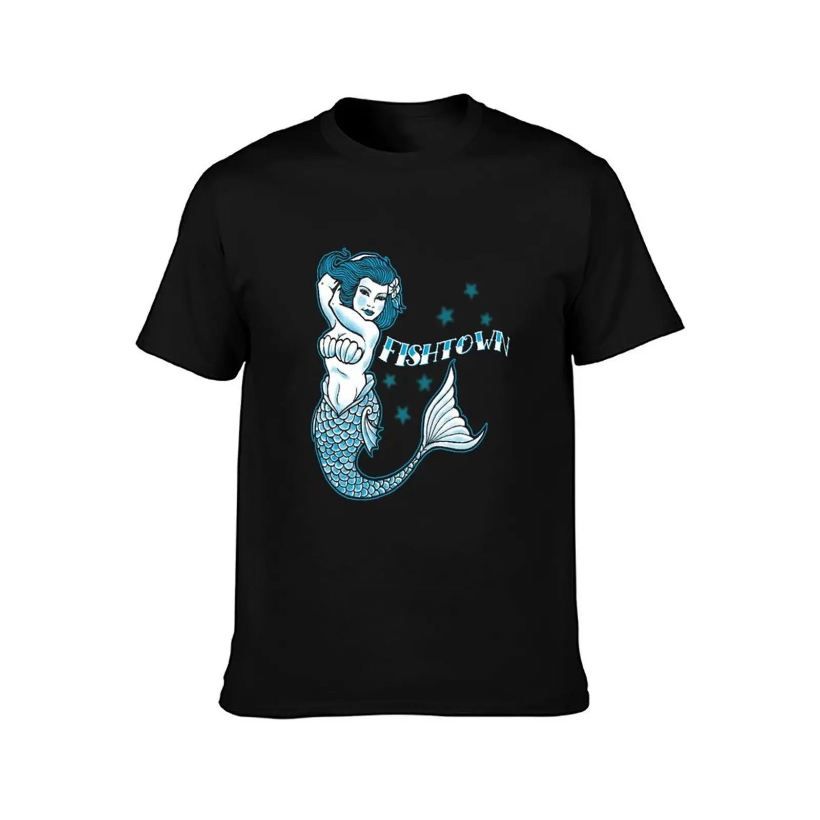 Fishtown Mermaid T-Shirt, Summer Casual Cotton Tee, Oversized Streetwear Tops, Vintage Graphic Print, Loose Fit Short Sleeve
