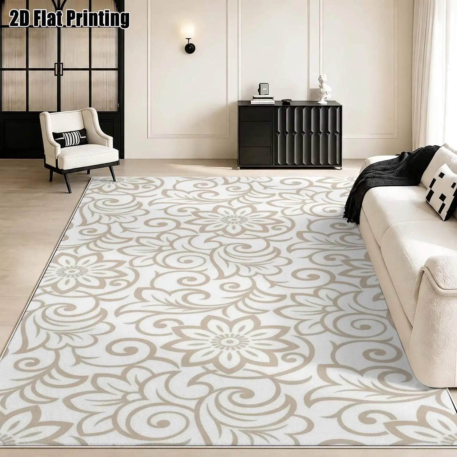 1Pc 2D Printed Velvet Carpet, Beige Floral Scroll Pattern, Multi-Style, Multi-Size, Machine Washable, for Home Multi-Scene Use