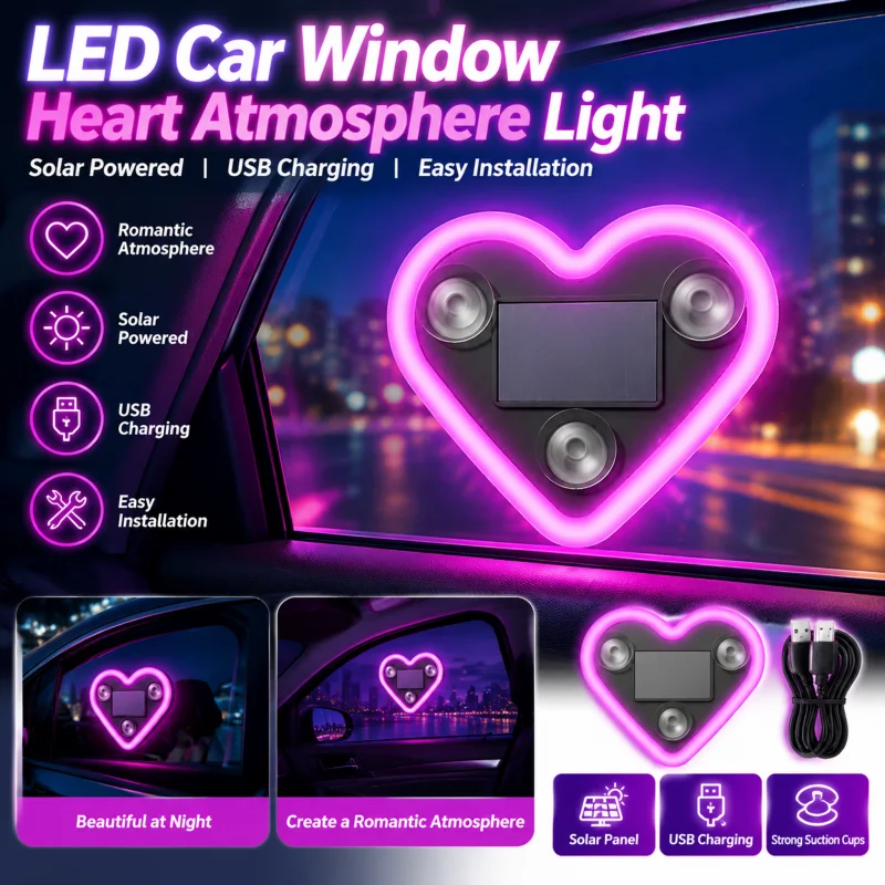 Automobile Solar Triangular Car Window Heart-shaped Ambient Light Car Interior Decoration LED Car Window Atmosphere Neon Light