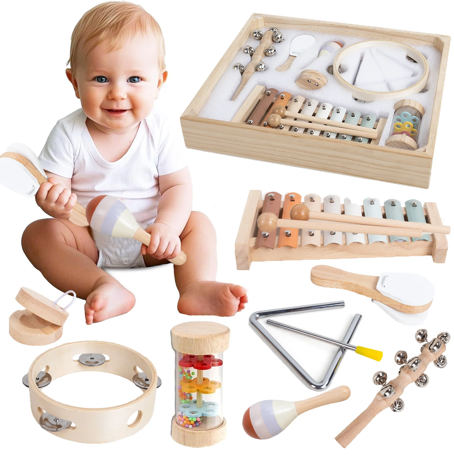 

Musical Instruments Set Montessori Wooden Early Educational Toys Baby Musical Toys With Xylophone Maracas Tambourin Toddler Gift