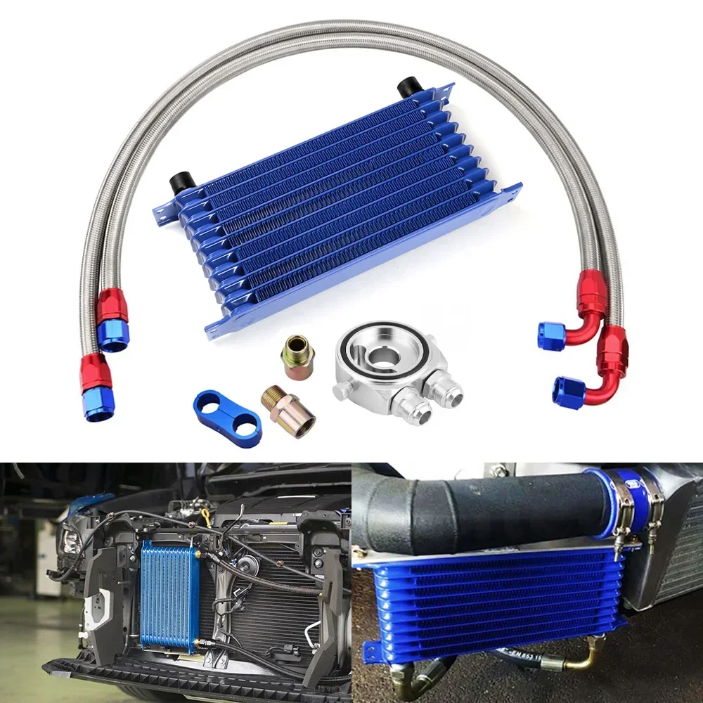 

10-Row AN10 Oil Cooler Kit - Includes Sandwich Adapter & Stainless Braided Hoses (Universal Cooling System Upgrade)